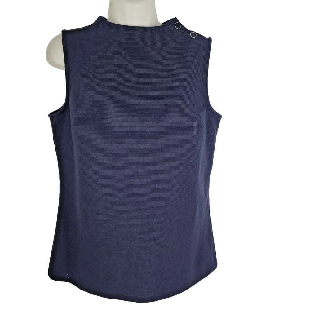Talbots Womens High Neck Button Shoulder Top Small Navy Blue Ribbed Sleeveless